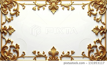 Vintage golden frame vector illustration with ornate floral pattern and antique leaf decoration on a white background Vintage golden frame vector illustration with ornate floral pattern and antique leaf decoration on a white background 131953117