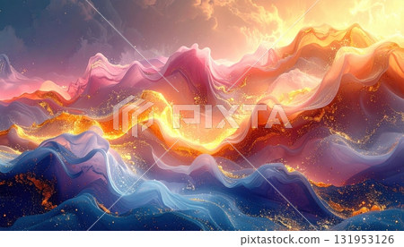 Visualization of fractal realms abstraction with fiery orange and yellow energy, motion, and explosion in a dark space backdrop Visualization of fractal realms abstraction with fiery orange and yellow energy, motion, and explosion in a dark space backdrop 131953126