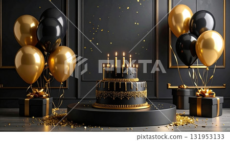 Golden Christmas decorations of a ball ornament and a golden egg reflecting the warm light of a candle on a dark winter night 131953133