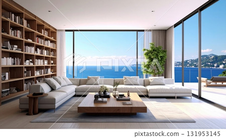 Contemporary luxury living room interior design with modern furniture, sofa, and floor decor 131953145