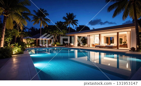 Luxury resort swimming pool with tropical palm trees reflecting in the dark night water 131953147