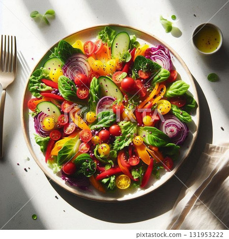A colorful salad beautifully presented on a simple white plate 131953222