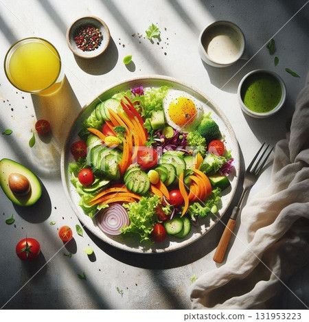 A colorful salad beautifully presented on a simple white plate A colorful salad beautifully presented on a simple white plate 131953223