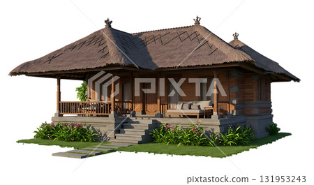 Charming thatched-roof bungalow evokes tranquility, ideal for resort promotions or architectural showcases with its inviting garden and serene design 131953243