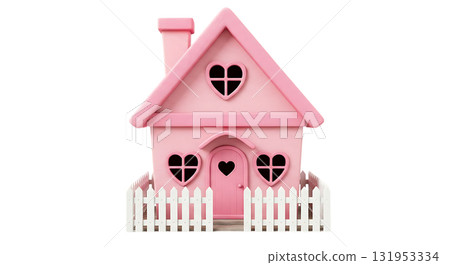 Adorable pink dollhouse with heart-shaped windows and picket fence, perfect for children's books, toy stores, or sweet Valentine's Day designs 131953334