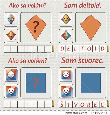 A learning map for young children. Learning geometry and the Slovak language. Labels in Slovak. Deltoid and square. Made using Generative AI. Montessori method. 131953481