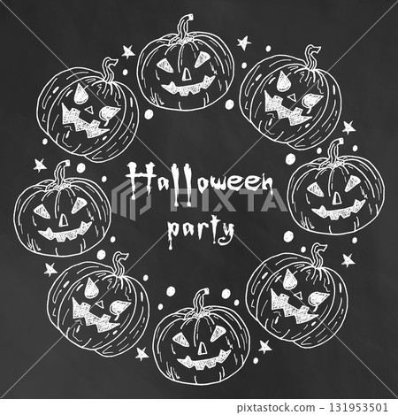 Halloween pumpkin round frame on black background in doodle style. Layout with text space surrounded by scary smiling pumpkins. Background template for Halloween party, invitation, web, product design 131953501
