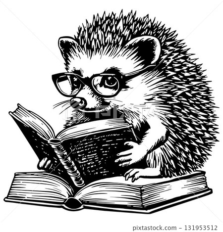 Cute Cartoon Hedgehog In Glasses Reading a Book. Vector Illustration. Cute Cartoon Hedgehog In Glasses Reading a Book. Vector Illustration. 131953512