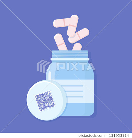 An open bottle with a QR code for tracking medication information. A medical container with pills for illnesses, vitamins, and antibiotics. Prescription medications in pharmaceutical packaging. An open bottle with a QR code for tracking medication information. A medical container with pills for illnesses, vitamins, and antibiotics. Prescription medications in pharmaceutical packaging. 131953514
