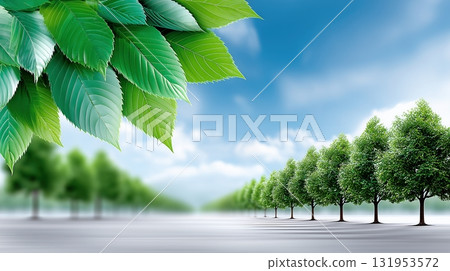 Vibrant Green Leaves Frame a Serene Tree-Lined Path Under Blue Sky 131953572