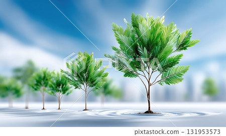 Vibrant green trees grow from water with ripples, set against a bright blue sky, symbolizing growth and environmental health. 131953573