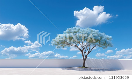 Solitary blooming tree by a white wall under a vibrant blue sky with fluffy clouds Solitary blooming tree by a white wall under a vibrant blue sky with fluffy clouds 131953669