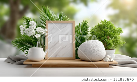Spa-like product display with blank marble frame, natural elements, and greenery 131953670