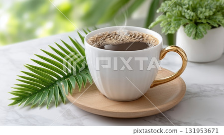 Steaming hot coffee in an elegant white cup with golden handle, tropical leaf, and blurred green background 131953671