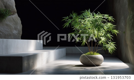 Serene Green Plant in Stone Planter on Concrete Steps, Modern Minimalist Design 131953703