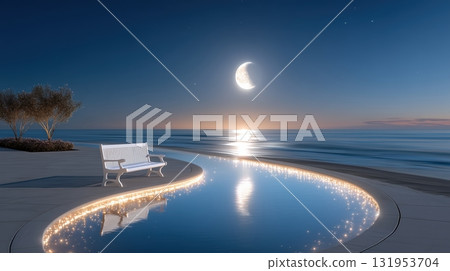 Serene moonlit ocean view with a modern bench and sparkling illuminated water at night 131953704