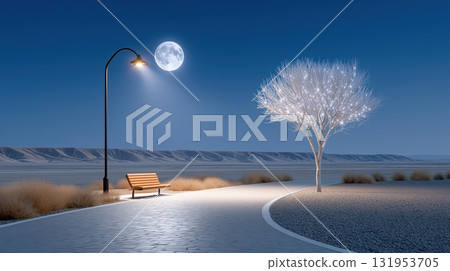 Serene night scene with full moon, glowing tree, and bench on a winding path by the water 131953705
