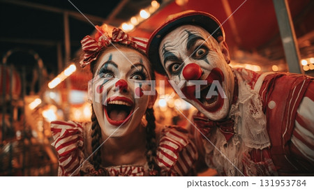 Two excited clowns with painted faces grin widely, dressed in red and white, set against the blurred backdrop of a lively fairground, capturing a scene of festive fun. 131953784