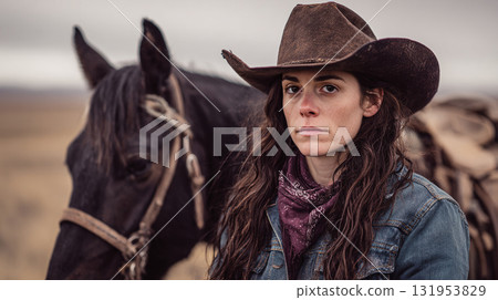 Portrait of a woman in a cowboy hat, denim jacket, and bandana, standing next to her dark horse in a rural setting. A serene outdoor moment. 131953829