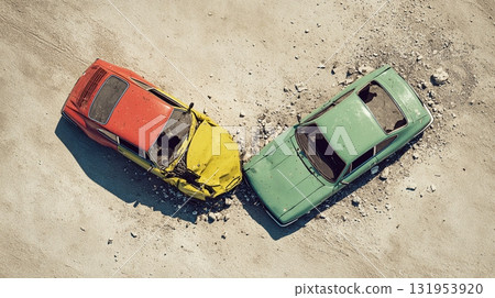 Wrecked vintage cars after a collision. Abandoned vehicles lay in a desert environment with their shattered glasses and crumpled metal bodies. 131953920