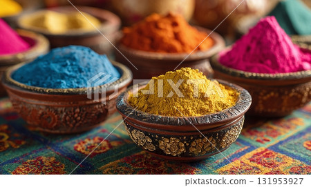 Vibrant Holi Colors: A kaleidoscope of vibrant powders in ornate bowls on patterned cloth, showcasing the beauty of the festival. Vibrant Holi Colors: A kaleidoscope of vibrant powders in ornate bowls on patterned cloth, showcasing the beauty of the festival. 131953927