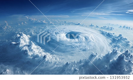 Aerial view of a large, swirling storm system in the atmosphere. Clouds form a spiral pattern, with a clear eye at the center. 131953932
