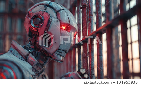 Captive Android: A humanoid robot figure with glowing red eyes behind rusty metal bars. Technological future or dystopian prison? 131953933