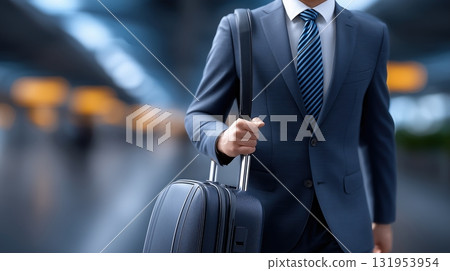 Businessman in a suit walking with luggage, depicting modern business travel and executive mobility. Businessman in a suit walking with luggage, depicting modern business travel and executive mobility. 131953954