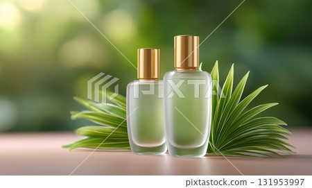 Natural Essence Skincare Bottles with Golden Caps and Lush Green Leaves Natural Essence Skincare Bottles with Golden Caps and Lush Green Leaves 131953997