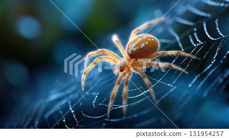 Golden Spider on a Shimmering Dew-Laden Web, Close-Up Macro Photography Showcasing Intricate Details in Nature Golden Spider on a Shimmering Dew-Laden Web, Close-Up Macro Photography Showcasing Intricate Details in Nature 131954257
