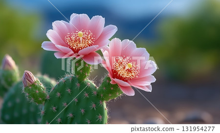 Vibrant Pink Blossoms on a Prickly Pear Cactus in Full Bloom Vibrant Pink Blossoms on a Prickly Pear Cactus in Full Bloom 131954277