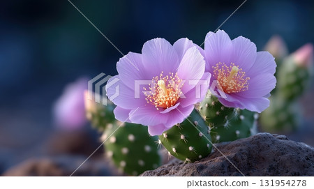Vibrant pink cactus flowers blooming on a textured rock 131954278