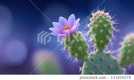 Vibrant purple cactus flower covered in dew drops blooming on a green cactus pad against a soft blue background Vibrant purple cactus flower covered in dew drops blooming on a green cactus pad against a soft blue background 131954279