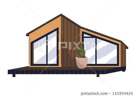 Modular house or vector construction. Modern prefabricated building with detachable sections. Portable architecture exterior. Mobile home and smart housing, sustainable living. Dwelling, eco property. 131954424