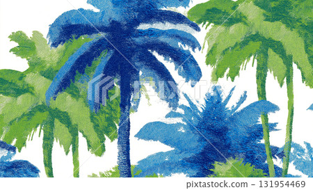 A tropical vacation scene with watercolor shimmering blue and green palm trees evoking harmony and aloha comfort 131954469