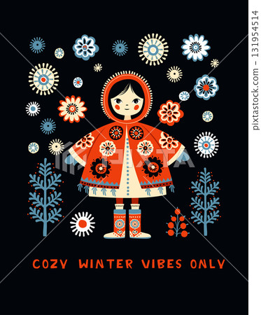 Cozy Winter Girl in Folk Costume, Scandinavian Holiday Illustration 131954514