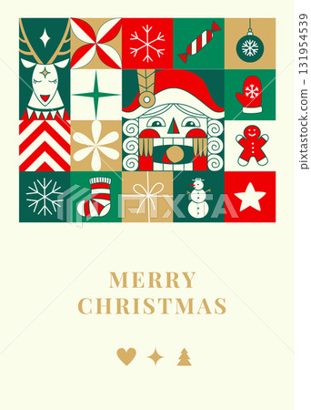 Merry Christmas Greeting Card with Nutcracker, Santa, and Reindeer, Festive Vector Illustration 131954539