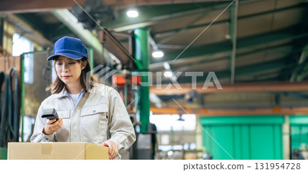 A group of female workers using handheld terminals to manage products in a factory 131954728