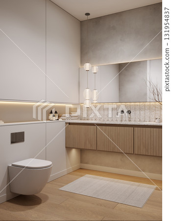 Modern bright bathroom interior with wooden furniture, sink with mirror, 3d rendering 131954837