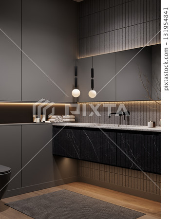 Modern dark bathroom interior with black marble surfaces, soft LED lighting and minimalist design, 3d rendering 131954841