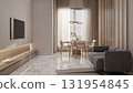 Blank TV screen in modern light interior with white sofa in stylish mock up, front view. TV in living room interior background, empty TV display template, 3d render 131954845