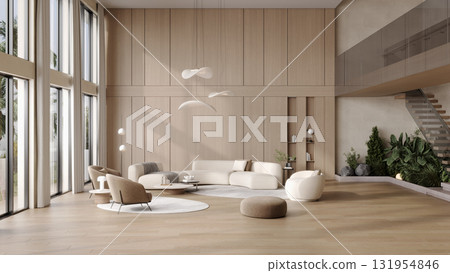Luxury modern villa interior with wooden walls, soft beige sofas, designer lamps, panoramic windows and elegant minimalist decor, 3d rendering Luxury modern villa interior with wooden walls, soft beige sofas, designer lamps, panoramic windows and elegant minimalist decor, 3d rendering 131954846