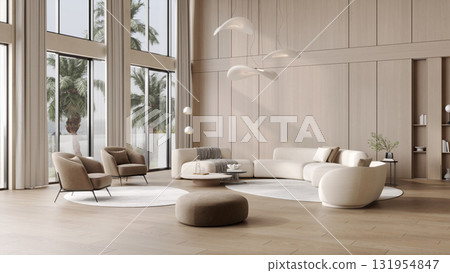 Luxury modern villa interior with wooden walls, soft white sofas, designer lamps, panoramic windows and elegant minimalist decor, 3d rendering Luxury modern villa interior with wooden walls, soft white sofas, designer lamps, panoramic windows and elegant minimalist decor, 3d rendering 131954847