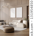 Two poster frames in modern living room with sofa, 3d render 131954850