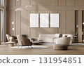Three poster frames in modern living room with sofa, 3d render 131954851