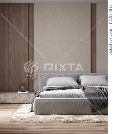 Stylish mockup, cozy modern bedroom interior background, empty wall mockup,  3d render 131954853