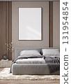 Wooden frame mockup in modern interior background with cozy bed, 3d render 131954854
