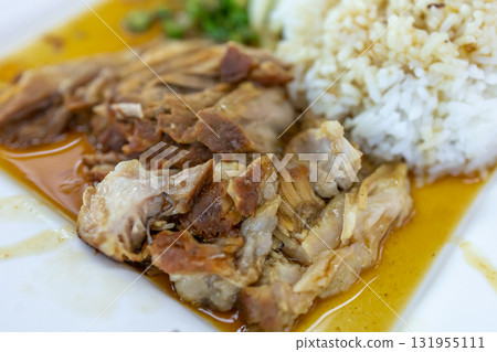 Top view of Braised Pork Leg with Rice, focus selective 131955111