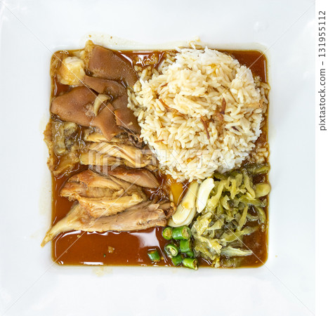 Top view of Braised Pork Leg with Rice, focus selective Top view of Braised Pork Leg with Rice, focus selective 131955112