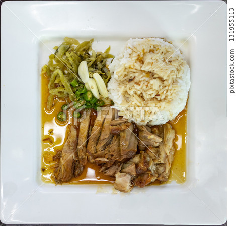 Top view of Braised Pork Leg with Rice, focus selective Top view of Braised Pork Leg with Rice, focus selective 131955113